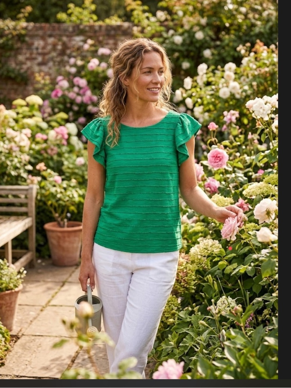 Anthropologie Emerald Green Ruffle Sleeve Blouse